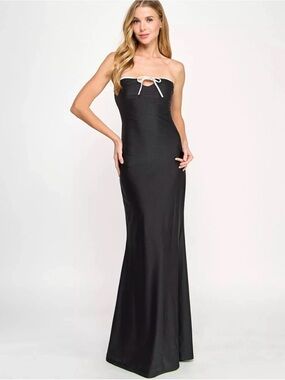 City Triangles Black Strapless Gown with White Bow Detail